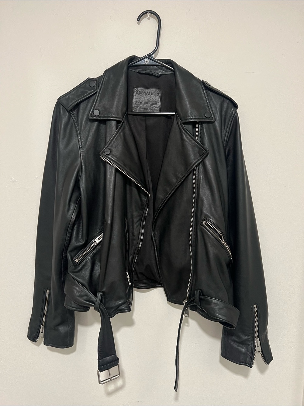 AllSaints Black Balfern Leather Biker Jacket with Silver Hardware